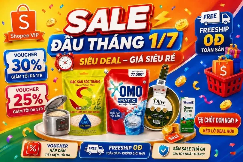 Sale Shopee 1/7 bắt đầu lúc 0h: Cách lưu mã và săn ưu đãi lớn đầu tháng