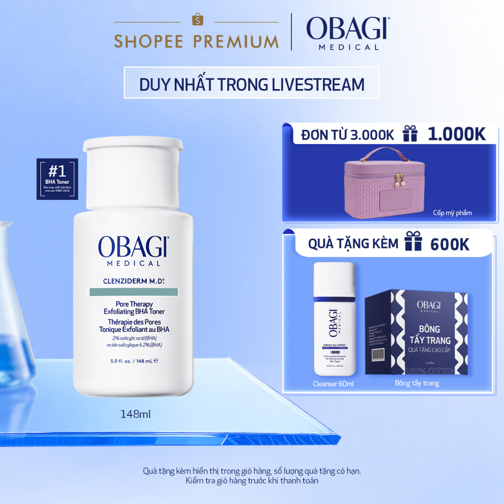 [Voucher SVIP 18%] Toner tẩy tế bào chết, làm sạch mụn BHA Obagi Clenziderm M.D. Exfoliating 148ml
