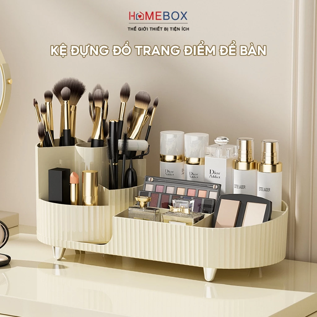 Kệ đựng mỹ phẩm đồ trang điểm để bàn xoay 360, Khay nhựa để bàn đựng đồ trang sức sang trọng