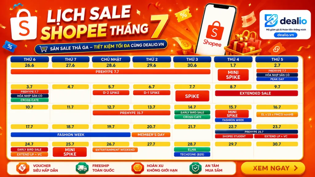 Lịch săn sale shopee tháng 7 năm 2026