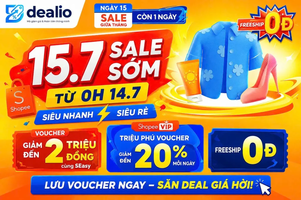 Sale Shopee 15/7/2026 Bắt Đầu Lúc 0H: Link Lưu Voucher Mới Nhất & Bí Kíp Săn Deal Giảm Đến 2 Triệu